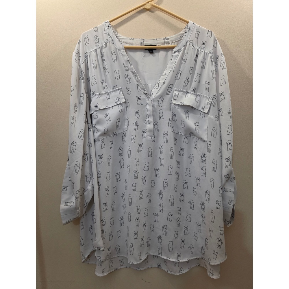 Torrid Harper Blouse Size 4 Plus White Dog Print Georgette Roll Tab Sleeve Top